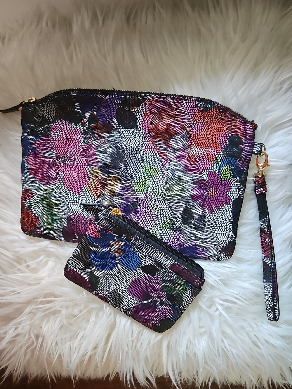 LODIS Floral Leather/Lace Motif Wristlet and "Coin" Purse Duo RFID/EUC